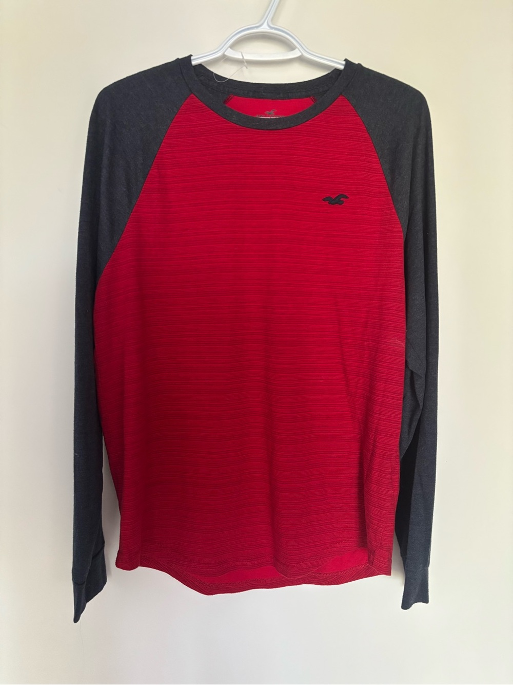 Hollister Men's Red Body with Dark Gray Raglan Crewneck Sweater